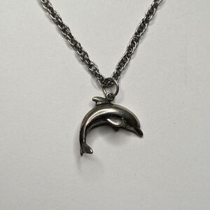 Vintage Sterling Silver Dolphin Pendant Chain Necklace 13" Signed STER & Flower